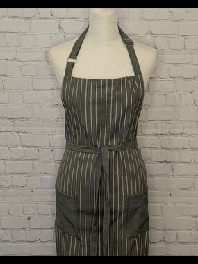 Classic Pinstripe Kitchen Apron in Olive Green